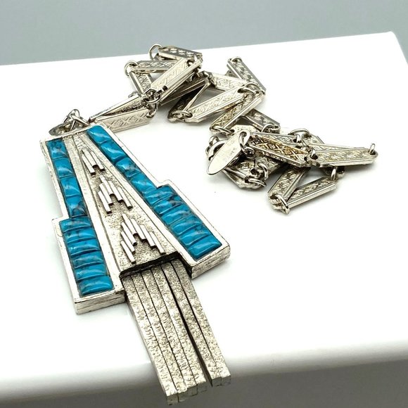 Vintage Whiting and Davis Bar Link Necklace with Southwestern Feel Geometric - Picture 3 of 6
